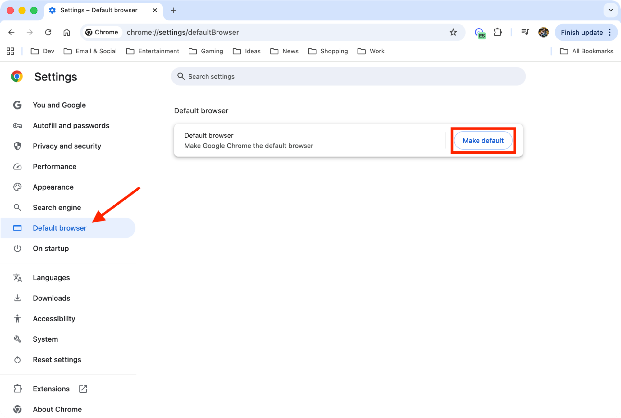 The Google Chrome settings menu on Mac with an option to make it the default browser. Select this if you want to know how to get Google Chrome on Mac and make it your default browser.