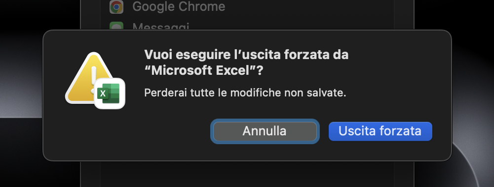 macOS ti chiederà di confermare se vuoi uscire dall'app. Assicurati di salvare il tuo lavoro prima di cliccare su Esci.