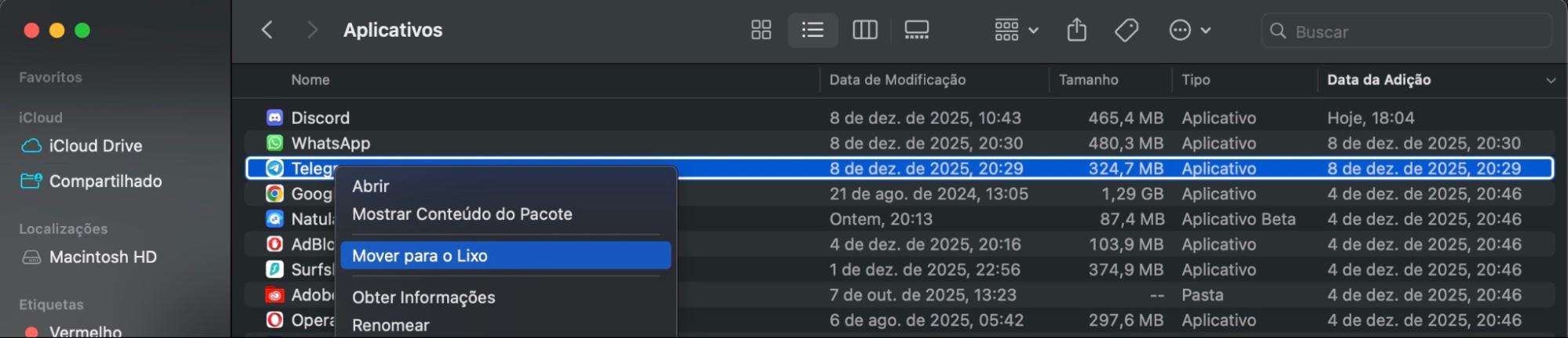 No topo da coluna Data de Adição, na pasta Aplicativos, você verá os apps baixados mais recentemente. Escolha aquele que você não precisa, clique com o botão direito nele e selecione Mover para o Lixo.