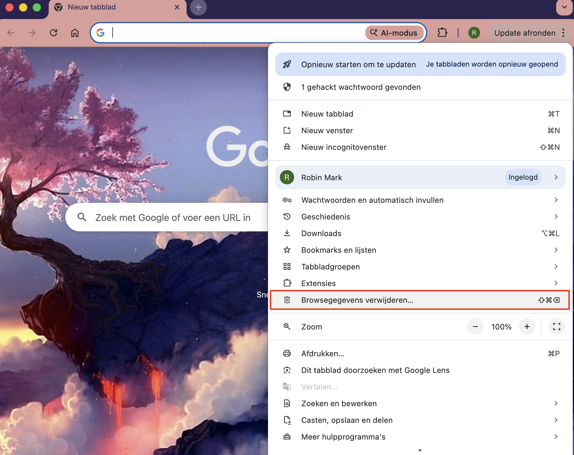 Chrome met het menu geopend en ‘Browsegegevens verwijderen’ gemarkeerd. Dit maakt deel uit van een handleiding over hoe je Chrome wist en reset om valse McAfee pop-ups op een Mac te stoppen.