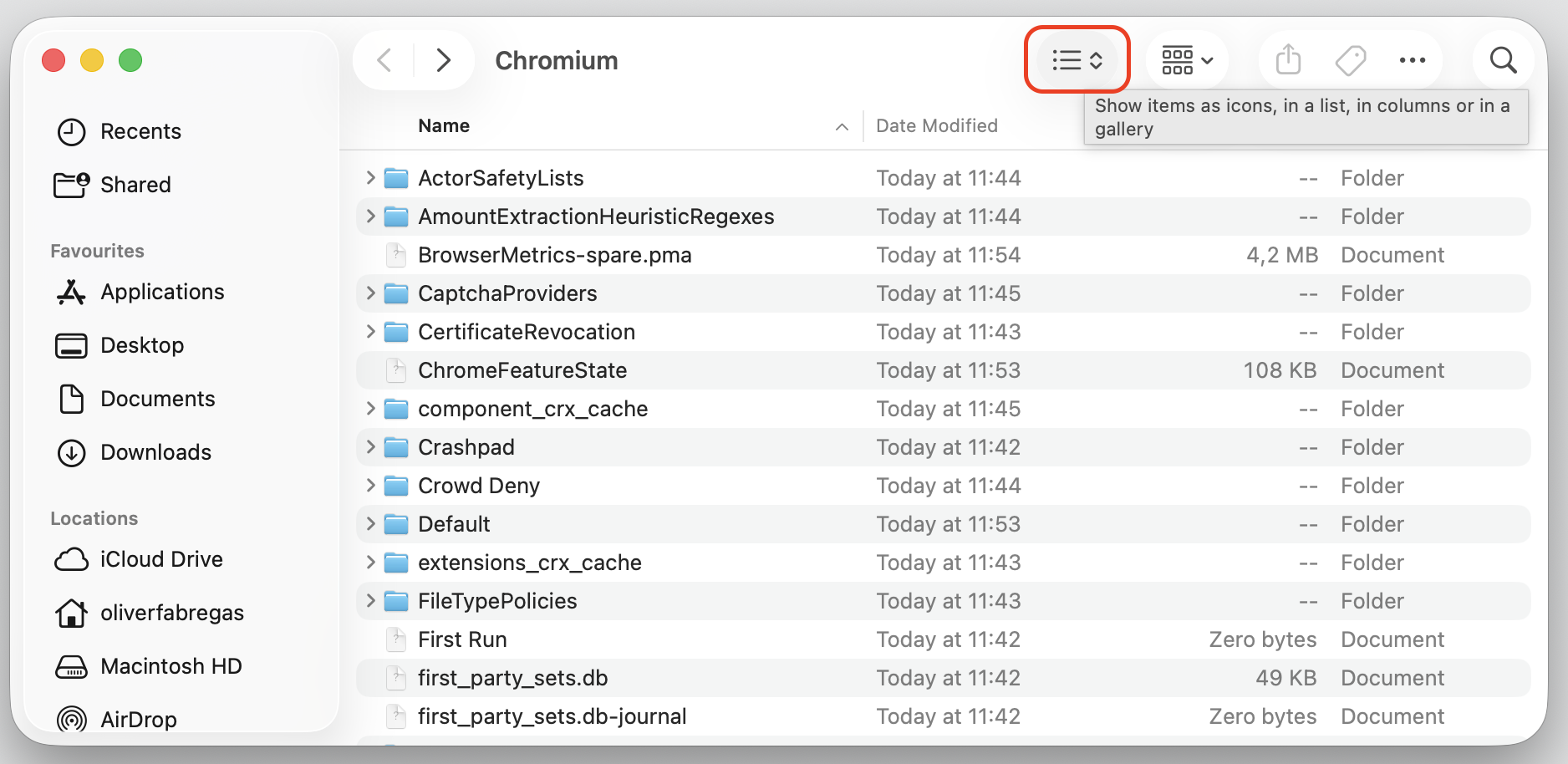Finder folder view on an iMac showing the view settings control in the top-right corner used while locating leftover Chromium files.