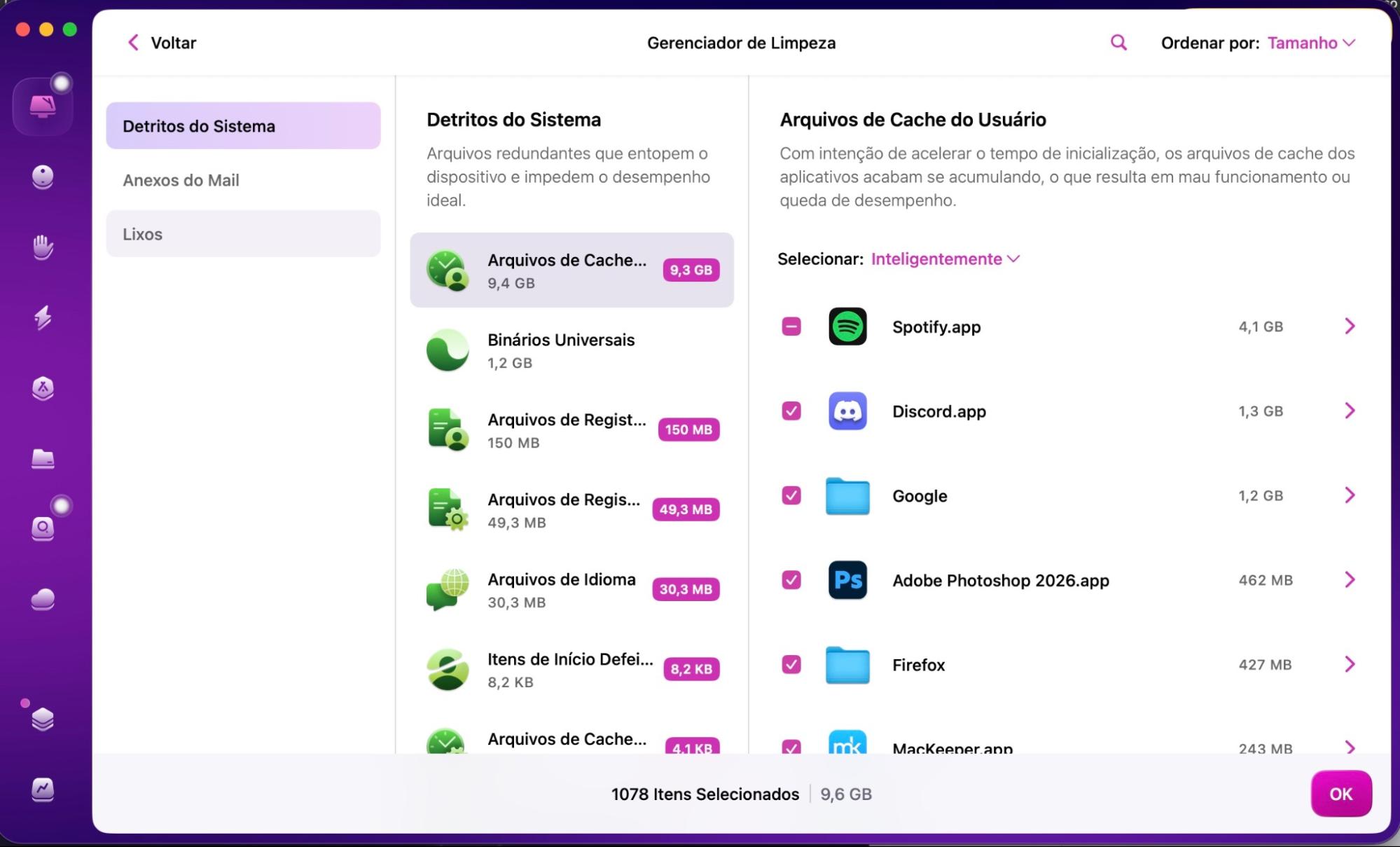 A verificação do CleanMyMac foi concluído, e os resultados são exibidos na janela. Ao marcar as caixas de seleção à esquerda, você pode escolher quais arquivos desnecessários encontrados no dispositivo serão removidos.