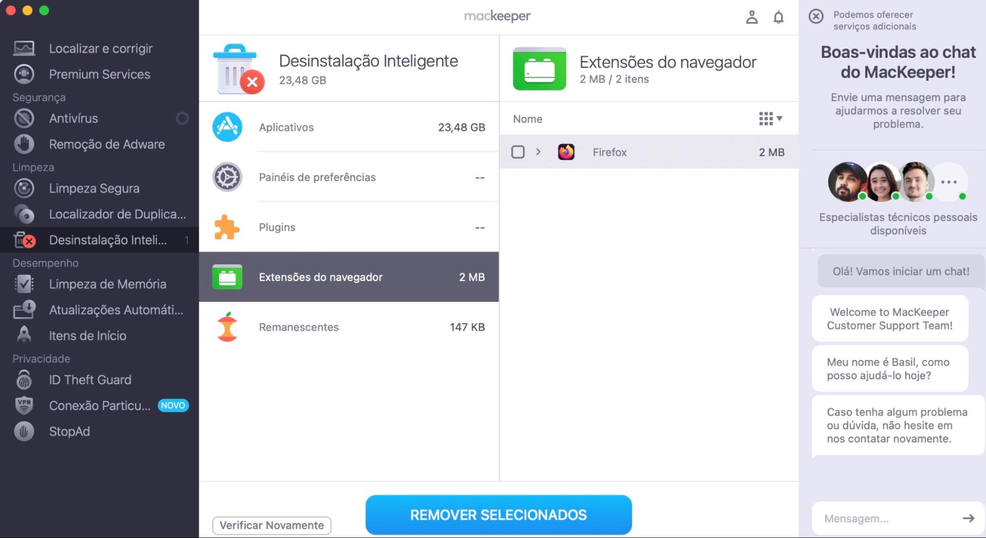 O app MacKeeper mostra o recurso Desinstalação Inteligente que ajuda a remover extensões desnecessárias ou suspeitas com apenas alguns cliques.