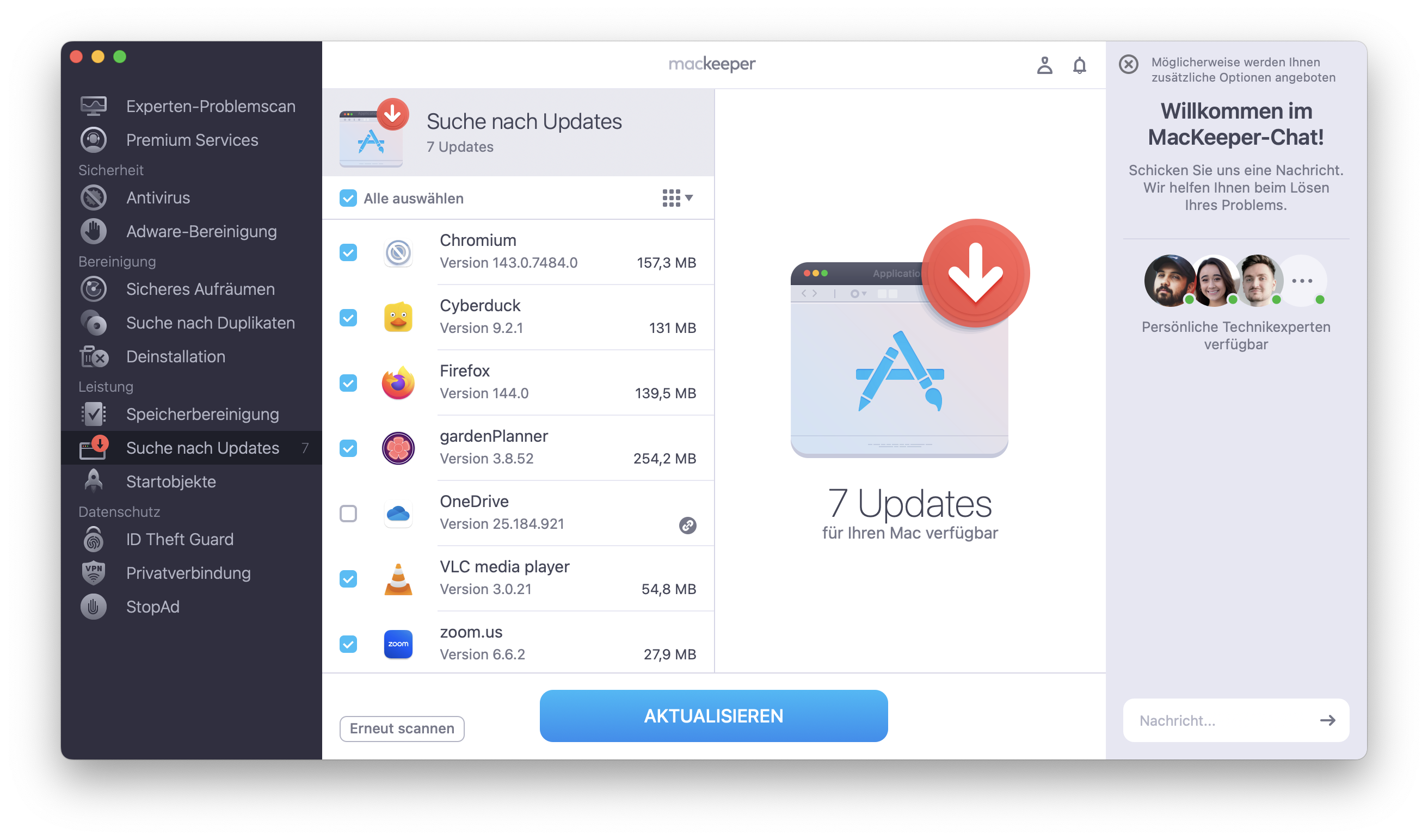Warten Sie, bis der Scan abgeschlossen ist. Suche nach Updates von MacKeeper listet veraltete Apps auf. Wählen Sie die Apps aus, die Sie aktualisieren möchten, und klicken Sie auf Aktualisieren.