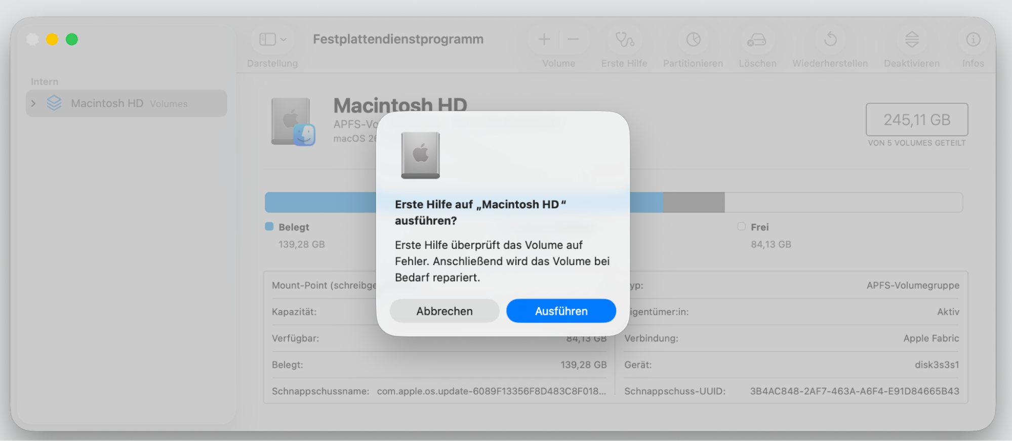 Wenn ein Pop-up-Fenster angezeigt wird, wählen Sie Ausführen aus. Ihr Mac überprüft anschließend die Festplatte auf mögliche Probleme und versucht, erkannte Fehler automatisch zu beheben.