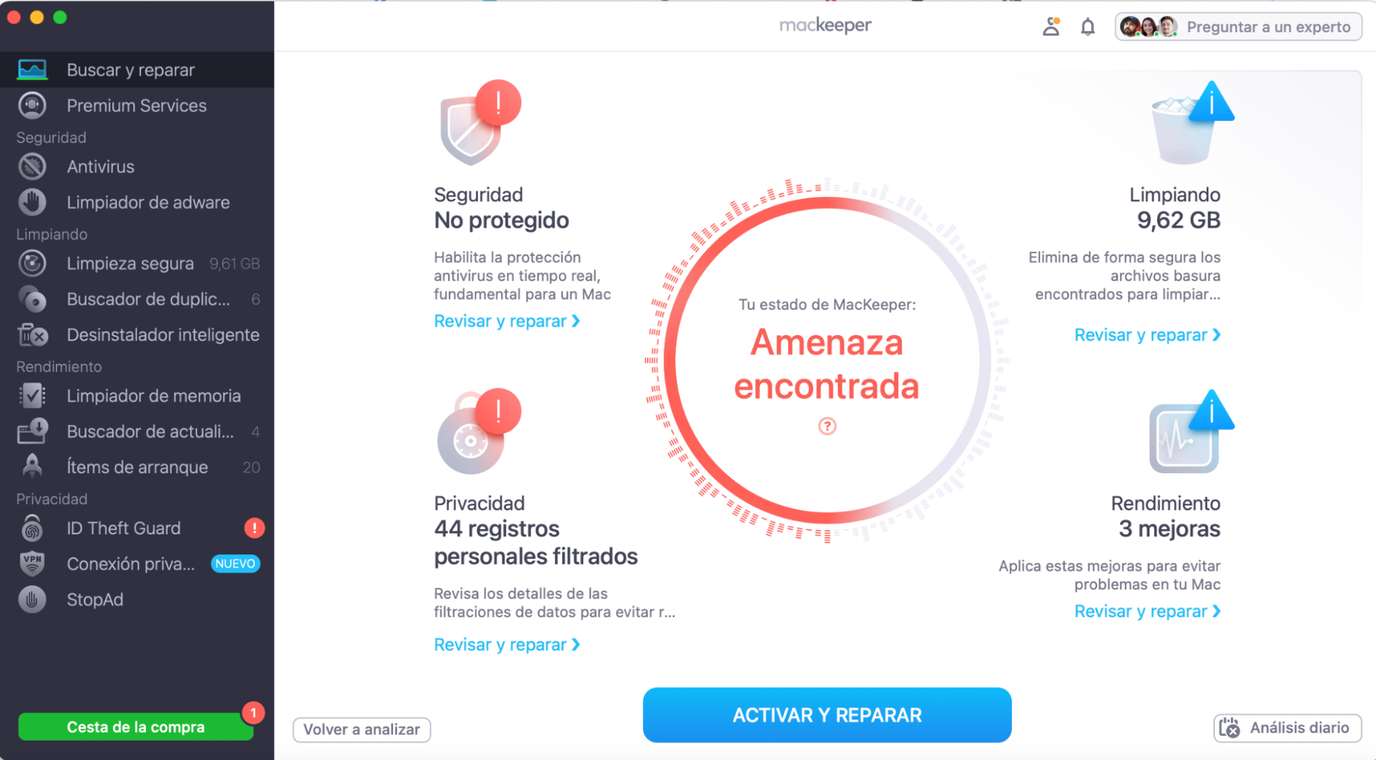 Una forma más sencilla de restaurar los iconos ocultos del escritorio de un Mac es utilizar la herramienta Buscar y Reparar de MacKeeper. Cuando termine el análisis, haz clic en Activar y reparar en la pantalla principal y disfruta de un Mac optimizado.