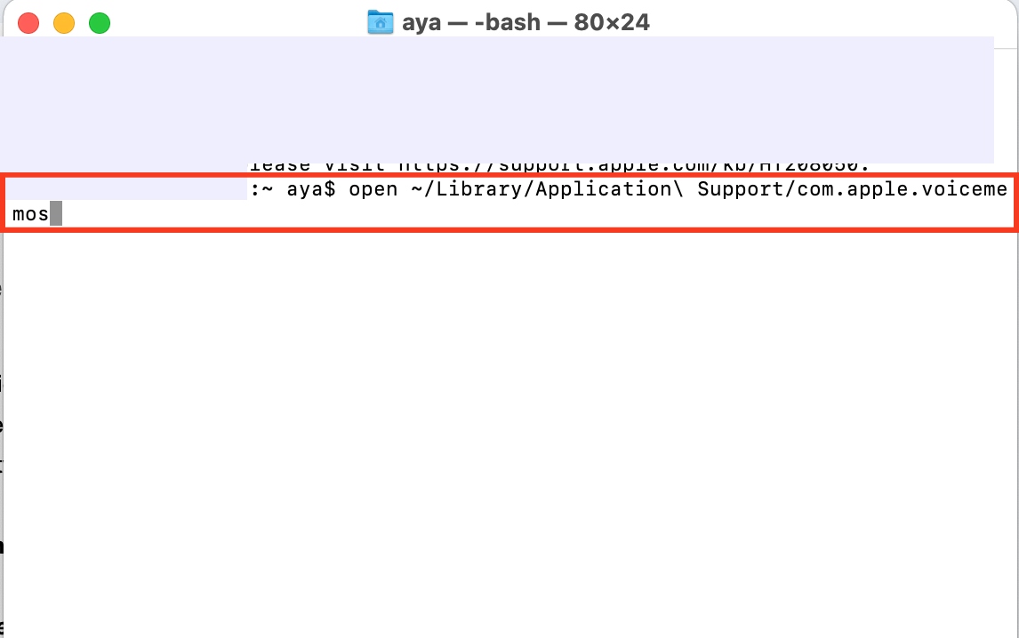 Spotlight search appears on a Mac desktop. Paste the command to locate voice memos via Terminal on your Mac and press the Return key.