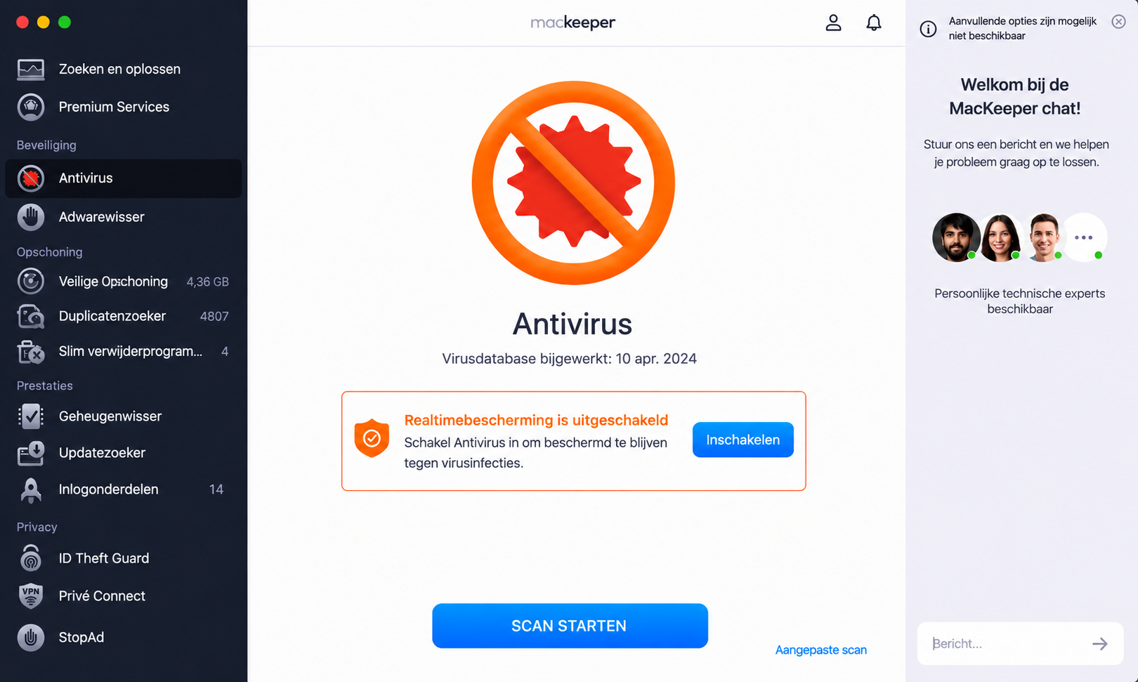 De Antivirus-tool van MacKeeper. De knop ‘Inschakelen’ is gemarkeerd om realtime antivirusbescherming in te schakelen. Dit maakt deel uit van een handleiding over hoe je valse McAfee pop-ups kunt stoppen op een Mac.