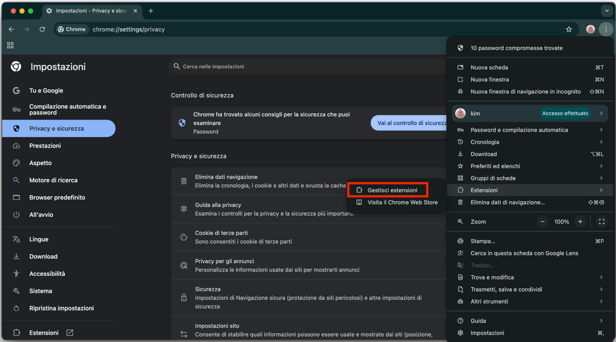 Chrome, con il menu aperto, con Gestisci estensioni evidenziato. Come rimuovere le estensioni, come parte di una guida su come bloccare i falsi pop-up McAfee su Mac.