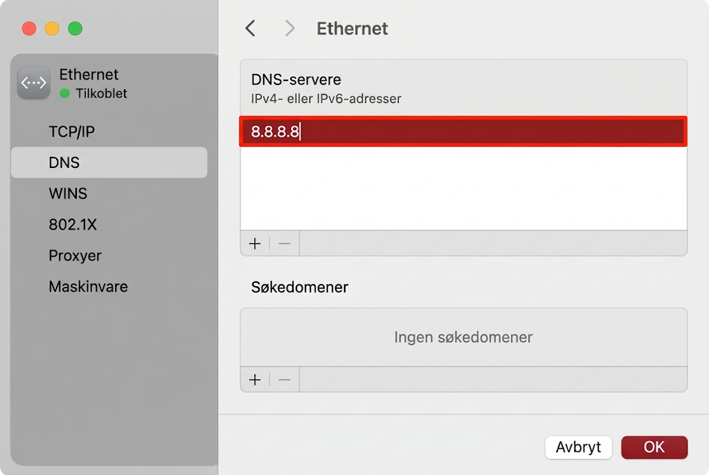 Du kan nå endre DNS-innstillingene på Macen din. Dette kan hjelpe hvis nettleseren Safari går tregt. Det finnes mange DNS-servere, men Googles er populære.