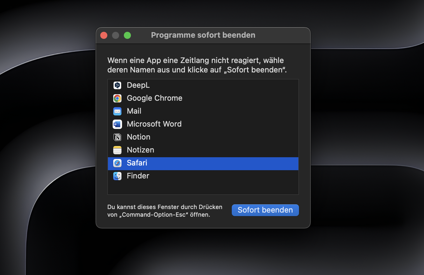 Um Safari sofort zu beenden, wählen Sie das Apple-Logo oben links auf Ihrem Bildschirm. Wählen Sie Sofort beenden, wählen Sie Safari und bestätigen Sie, dass Sie das Programm beenden möchten. Um Safari sofort zu beenden, wählen Sie das Apple-Logo oben links auf Ihrem Bildschirm. Wählen Sie Sofort beenden, wählen Sie Safari und bestätigen Sie, dass Sie das Programm beenden möchten.