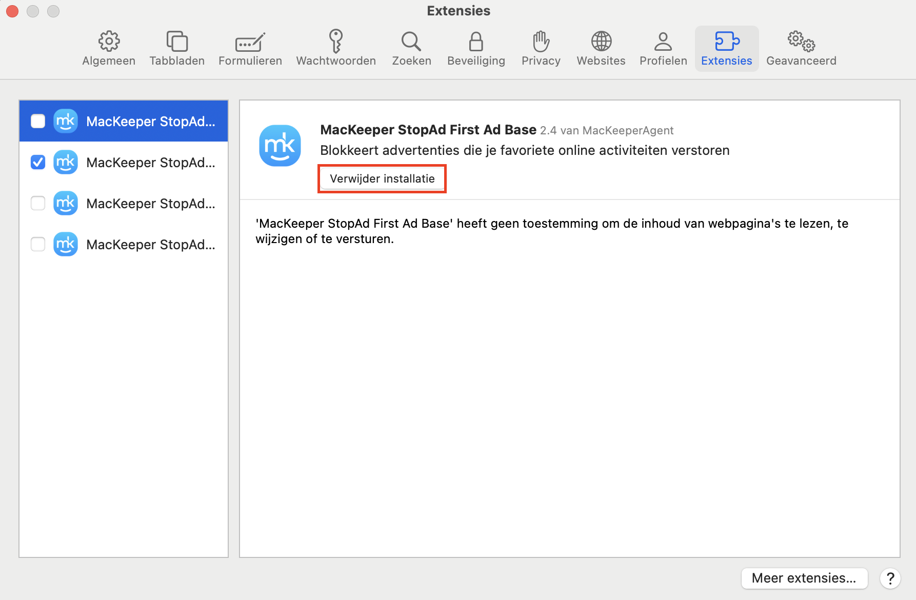 Om een extensie uit Safari te verwijderen, klik je erop en kies je de knop Verwijder installatie. Selecteer daarna Toon in Finder en verwijder de extensie.