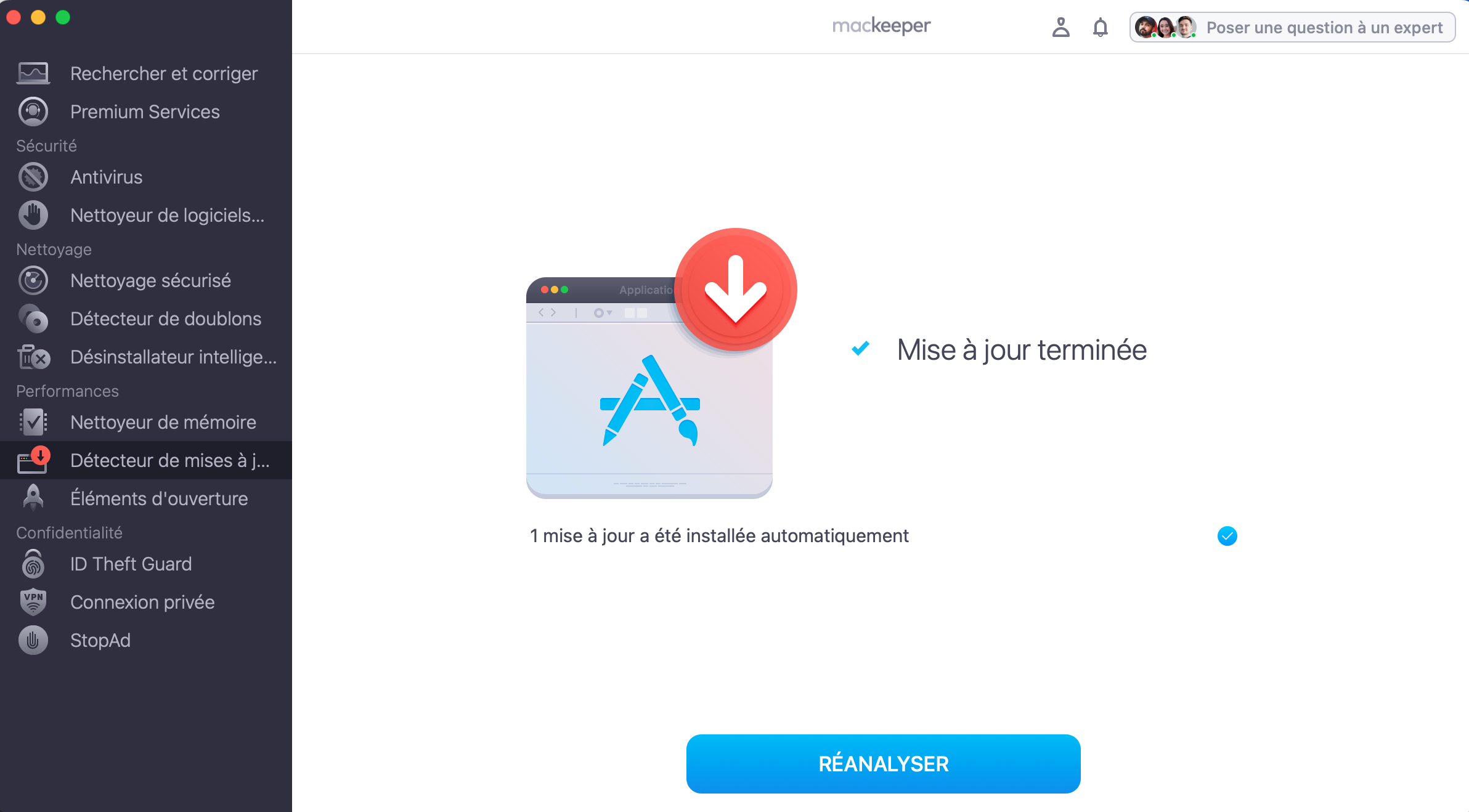La mise à jour est terminée et vos applications sont &nbsp; maintenant mises à jour. &nbsp; Vous pouvez réanalyser   votre Mac pour chercher   d'autres mises à jour &nbsp; disponibles.