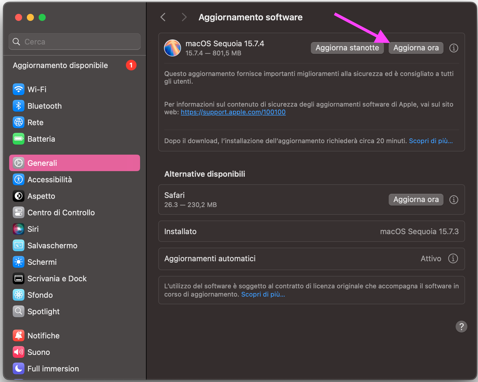 Le Impostazioni di sistema del Mac mostrano il menu Aggiornamento software. Clicca su Aggiorna ora per installare eventuali aggiornamenti disponibili di macOS.
