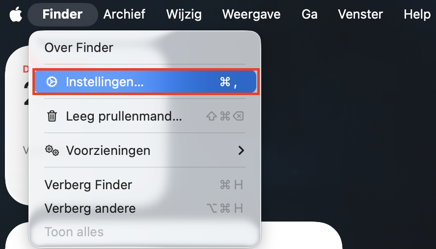 De macOS-menubalk met een lijst Finder-opties. Klik op ‘Instellingen’ om de prullenmand op je Mac automatisch te legen.