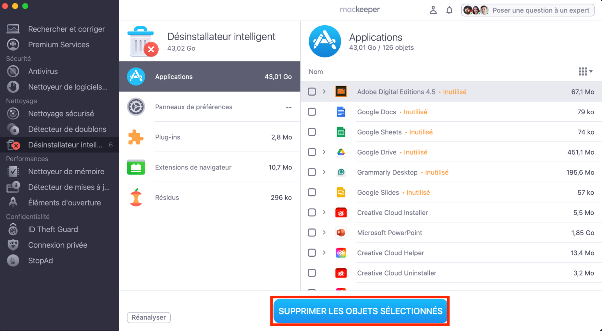 Désinstallateur intelligent de MacKeeper. Les applications sont affichées et le bouton Supprimer les objets sélectionnés est mis en surbrillance. Comment supprimer des applications : guide pour bloquer les fausses alertes McAfee sur Mac.