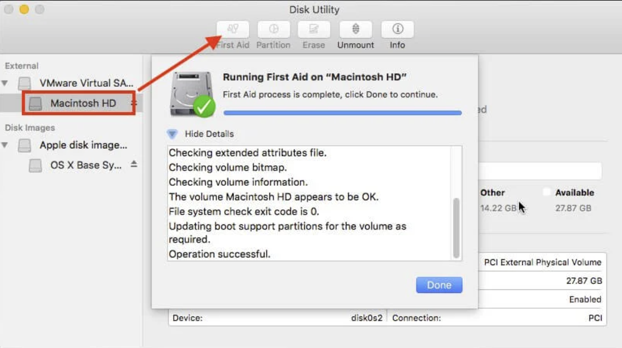 The final step in this process is letting Disk Utility run First Aid on the chosen drive.