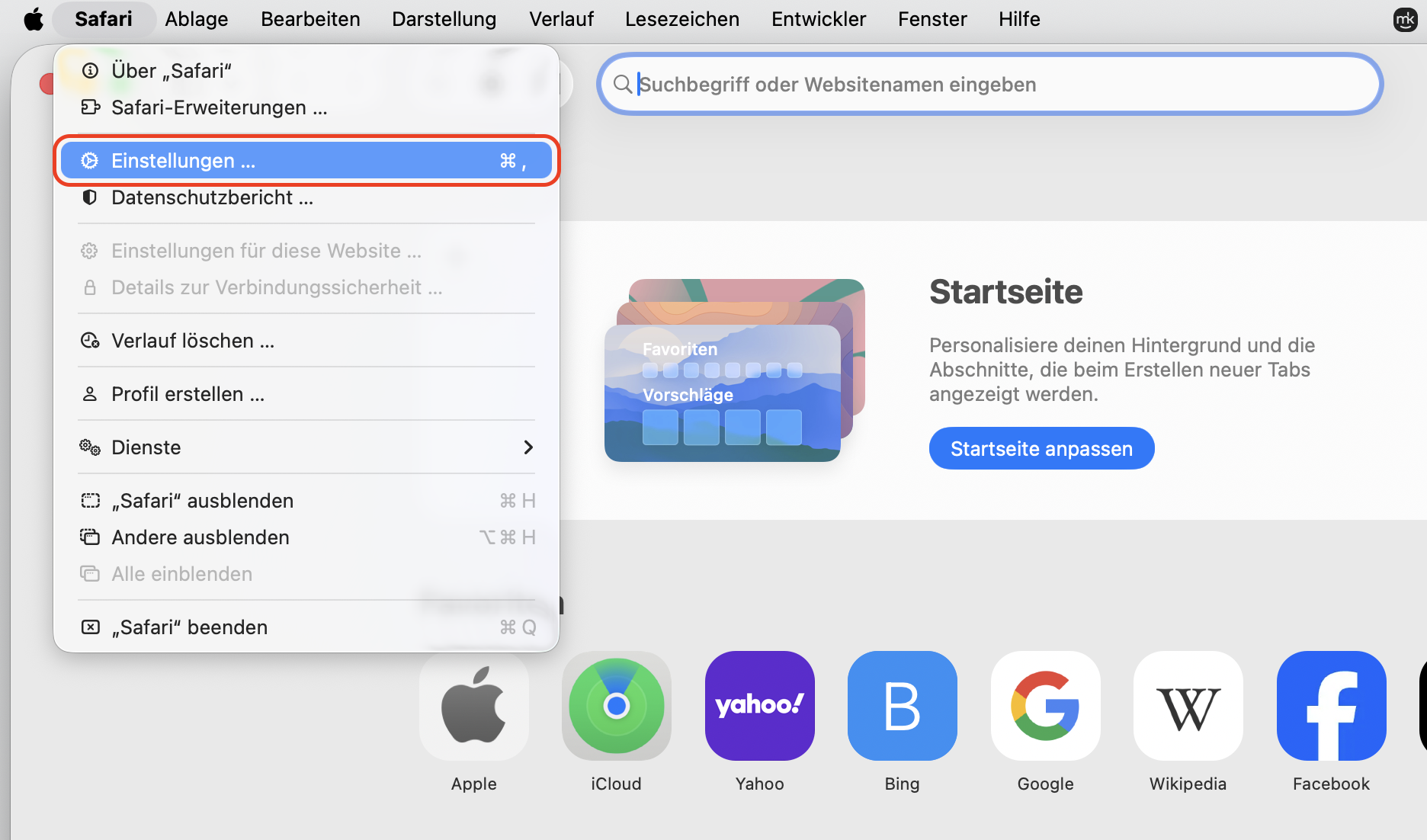 Das Löschen von Cache, Cookies und Verlauf Ihres Browsers ist eine gängige Lösung, um YouTube-Ladeprobleme in Safari zu beheben. Klicken Sie dazu zunächst auf das Safari-Menü in der oberen linken Ecke Ihres Bildschirms. Wählen Sie aus der Dropdown-Liste Einstellungen aus, um das Einstellungsfenster zu öffnen.