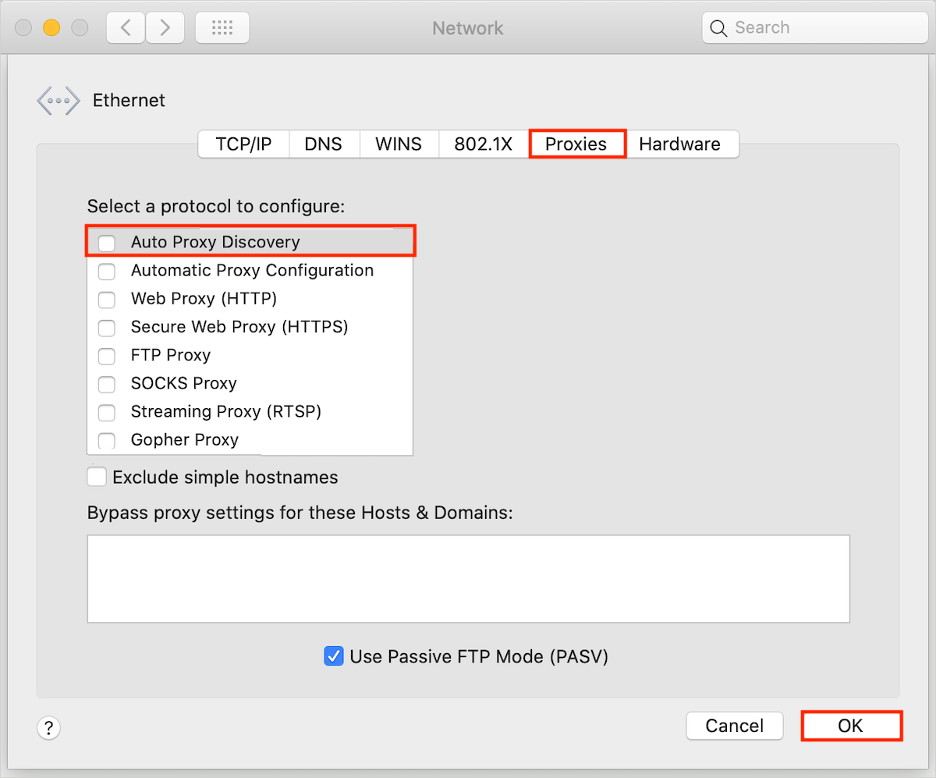  To resolve proxy conflicts with your macOS privacy preferences settings, go to the Proxies tab, uncheck all boxes, then click OK to confirm.