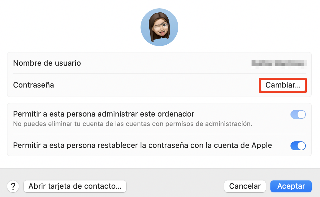 Configuración de usuario en un Mac, con el botón para cambiar la contraseña resaltado. Cómo arreglar servicio de cuentas quiere usar el llavero de inicio de sesión.