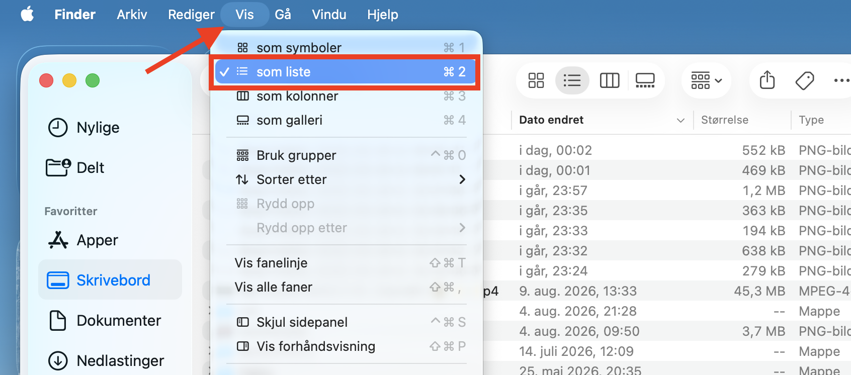 Vis-menyen i Finder på Mac. For å sortere filene dine etter størrelse slik at du kan frigjøre diskplass på Mac, velg først som Liste.