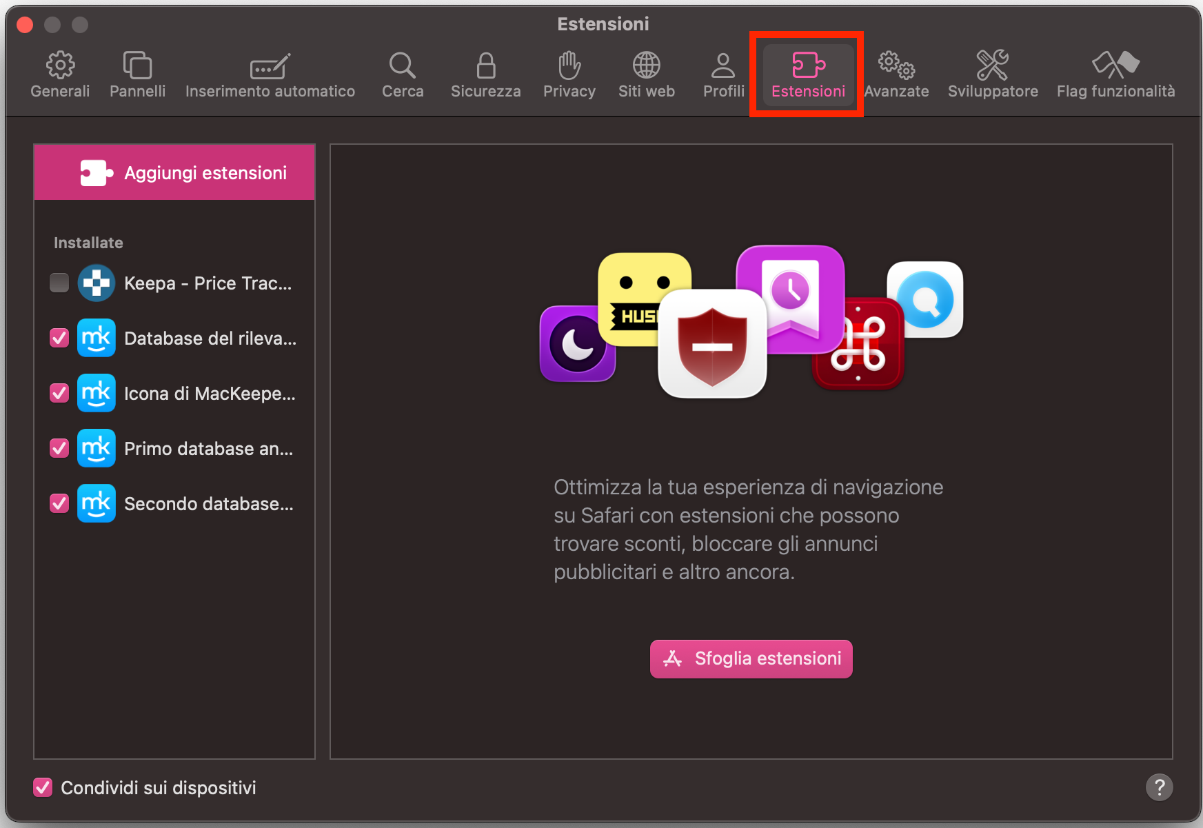 La finestra Impostazioni di Safari, con Estensioni evidenziato. Come rimuovere le estensioni da Safari, in una guida su come bloccare i falsi pop-up McAfee su Mac.
