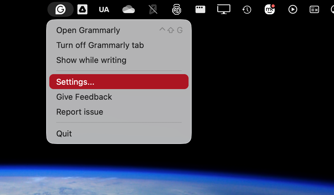 If Grammarly Desktop is set to automatically open when you start your Mac, that can make it difficult ot delete the app. Click the Grammarly icon in your menu bar, then select 'Settings'.