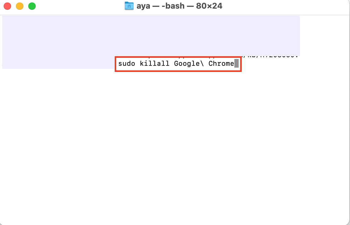 The Terminal window is opened on a Mac. To force quit Chrome, type the command sudo killall Google\ Chrome and press Enter.