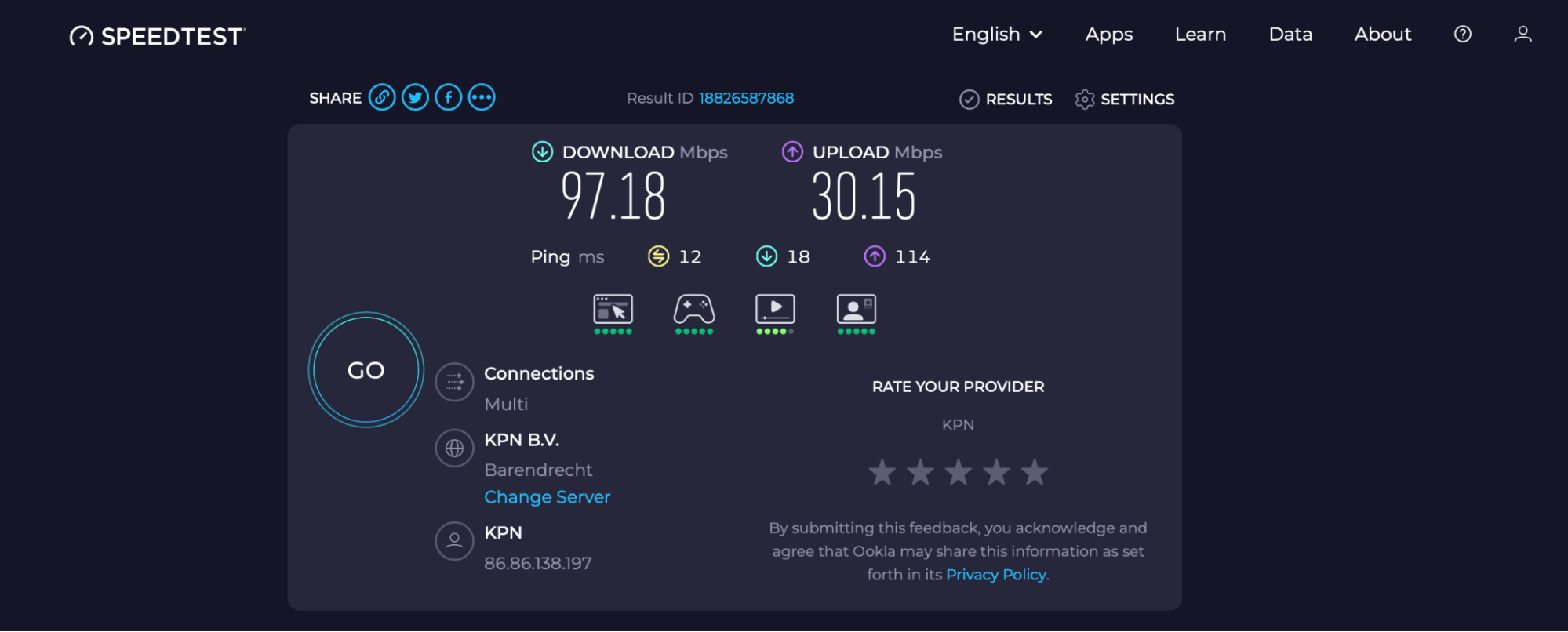 Na het uitvoeren van de snelheidstest zie je de resultaten van de diagnostische test waarmee je de kwaliteit van je netwerkverbinding kunt beoordelen voor zowel download- als uploadsnelheden. Als de verbinding laag is wordt dit aangegeven