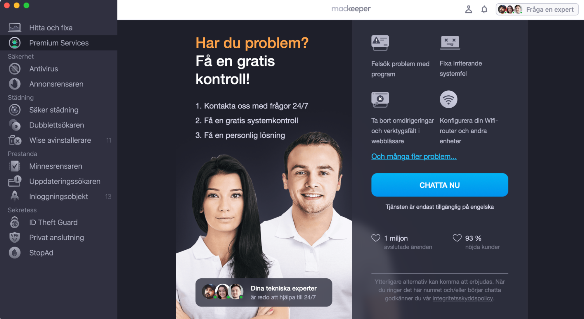 Nu kan du klicka på knappen Chatta nu, vilket öppnar ett chattfönster där du kan chatta med en av våra 150 tekniska experter för att lösa problem med tröghet eller hängningar på din Mac.