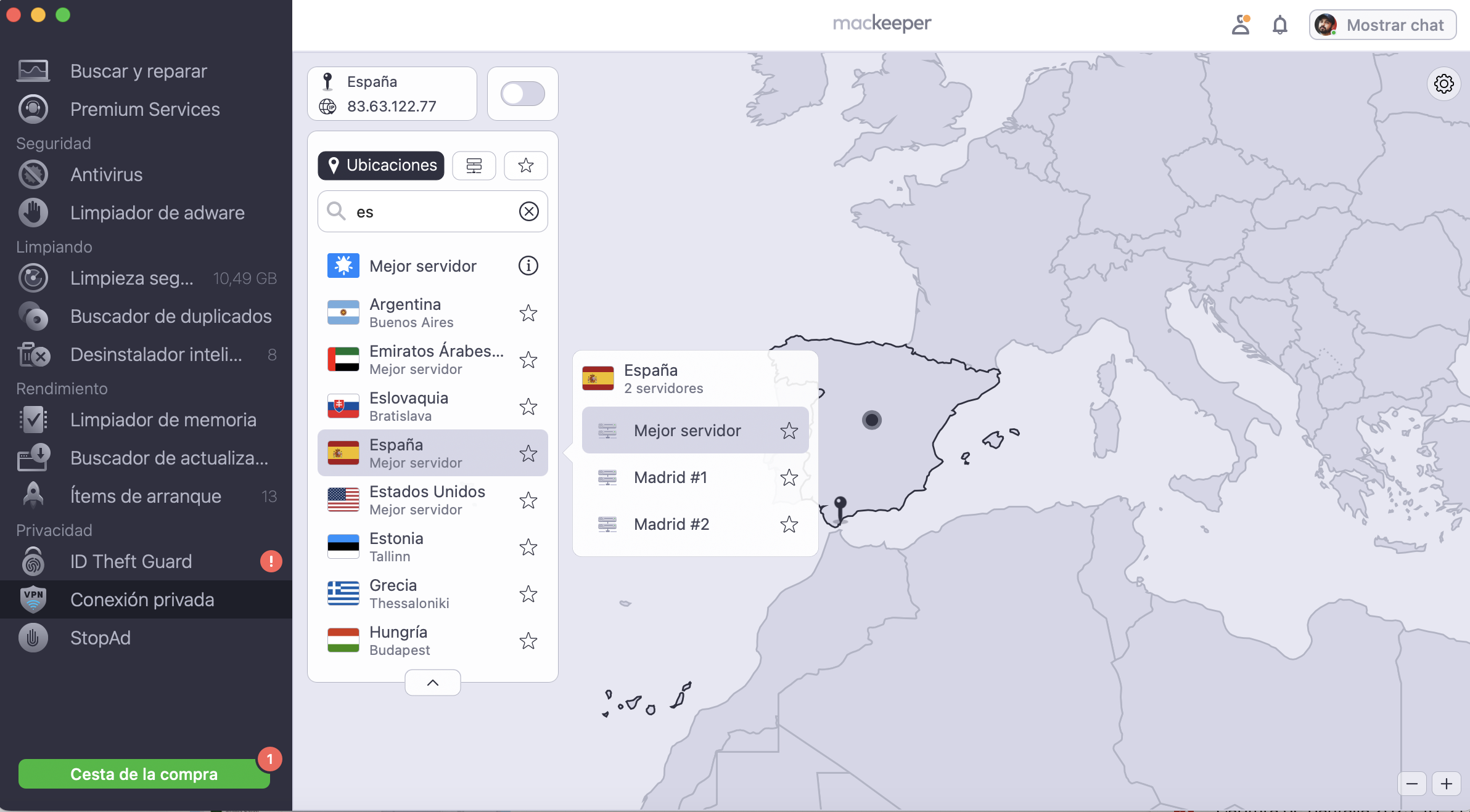Seleccionar ubicación del servidor y activar VPN en MacKeeper