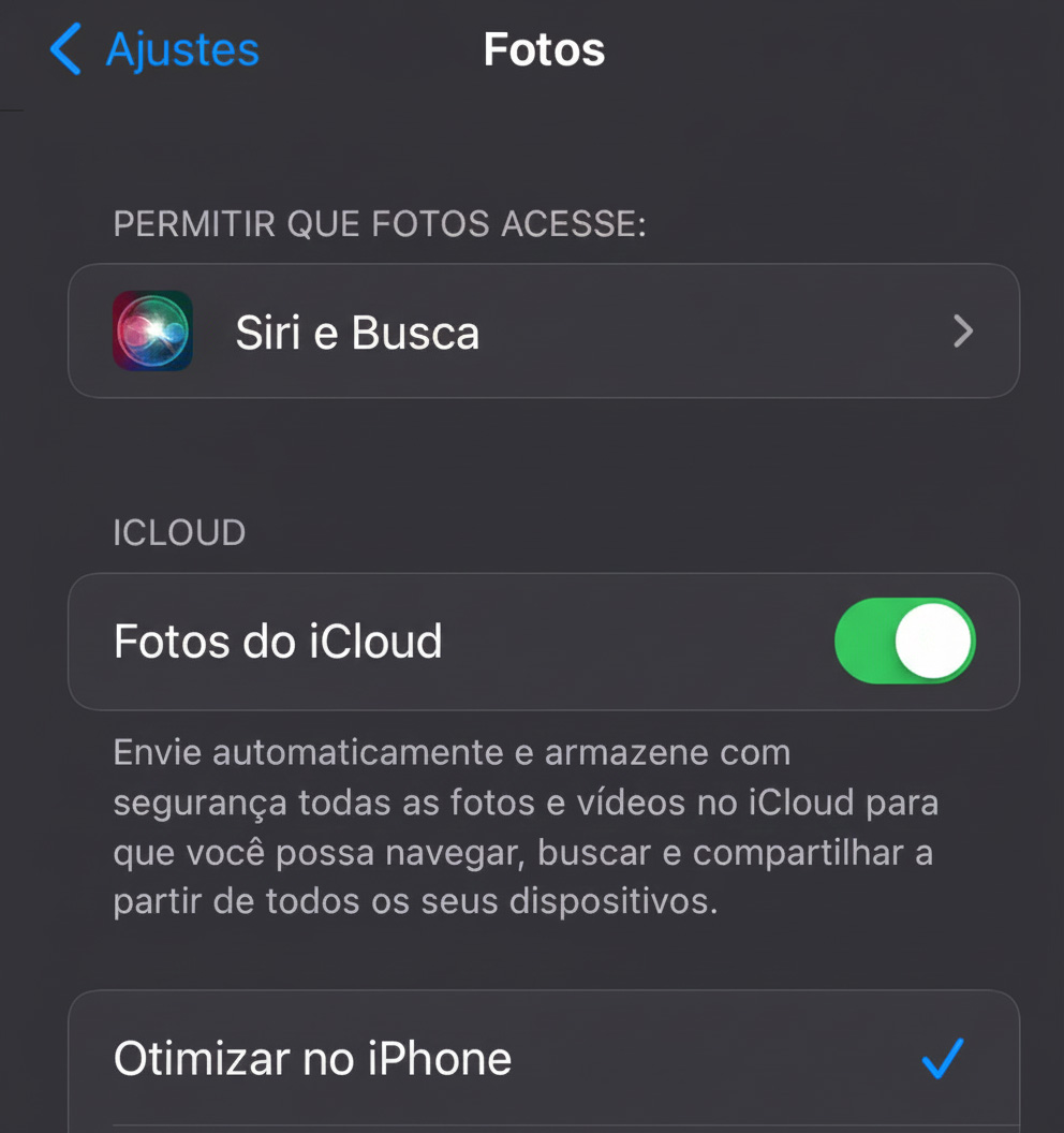 Use o Fotos do iCloud para enviar fotos do iPhone para o Mac. Faça login no Fotos do iCloud e vá para Ajustes. Selecione Sua Conta Apple, depois clique em iCloud e selecione Fotos.