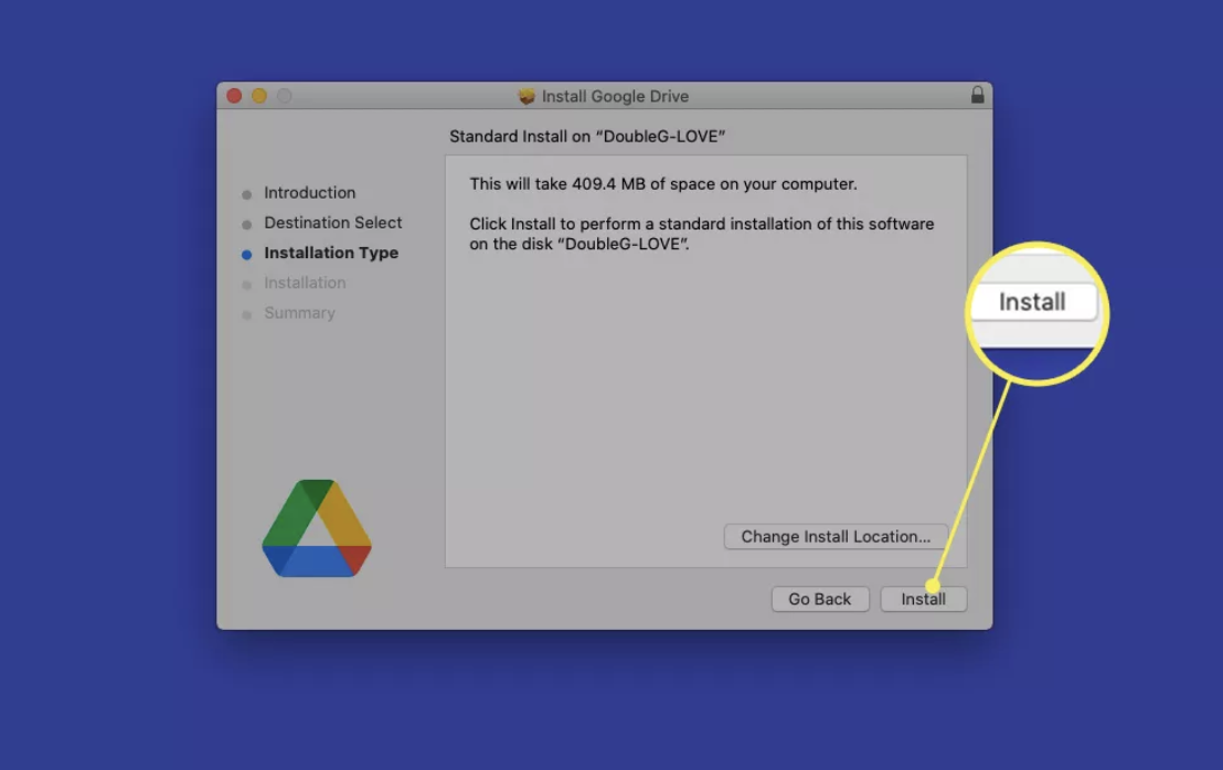 Once the download is finished, click on the installer to open it. Click on Continue and then Install to begin the installation of Google Drive on Mac to later sync up with Finder.