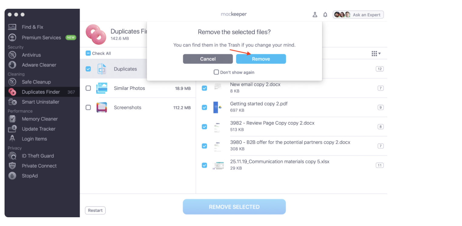 To finalize the process, you'll see a pop-up window. In this, you can then click on Remove to confirm that you'd like to delete the files you've selected.