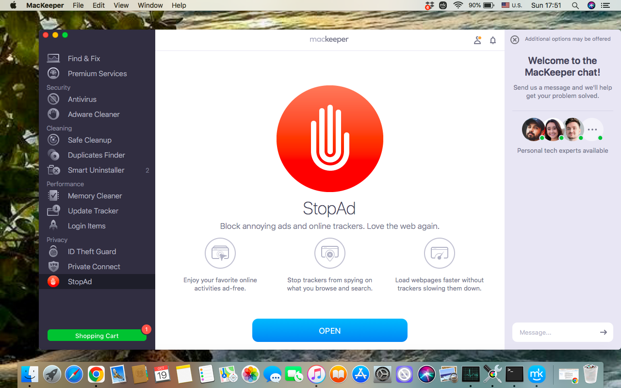 To restrict annoying notifications on your browser with MacKeeper’s StopAd, first launch the MacKeeper app, find the MacKeeper’s StopAd tool in the left sidebar, and click the Open button at the bottom of the window.