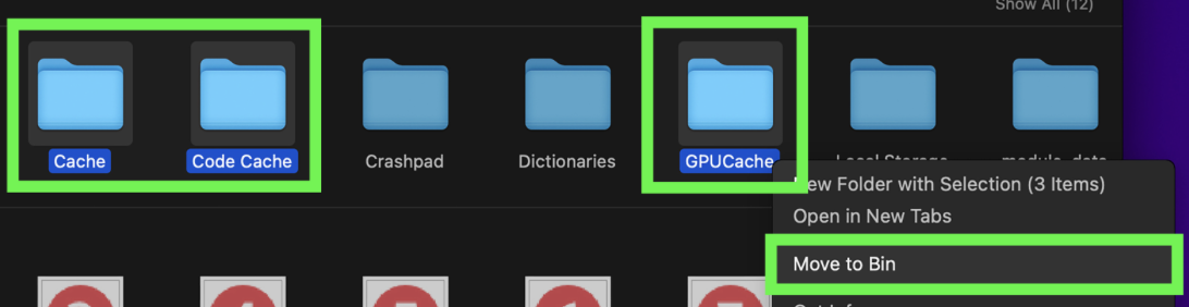 To delete the Discord cache from your Mac, look for the cache labels on folders. One found, highlight them, and choose Move to Bin to delete them from your device.
