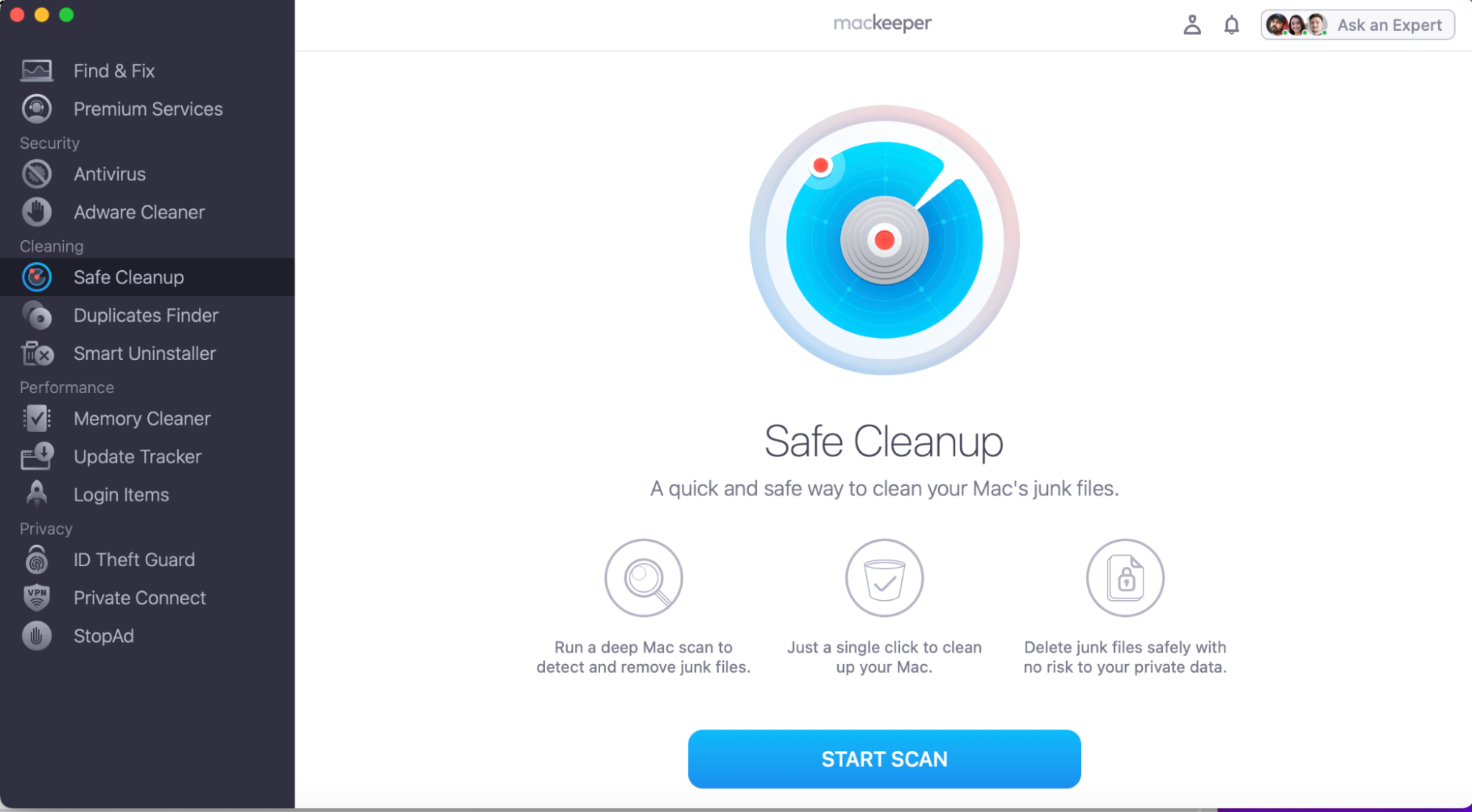 To free your device from digital junk, to help improve the performance of your web-browser, begin by opening up the MacKeeper app and heading to the Safe Cleanup tool. Then you just need to press Start Scan for the tool to automatically locate any digital debris.
