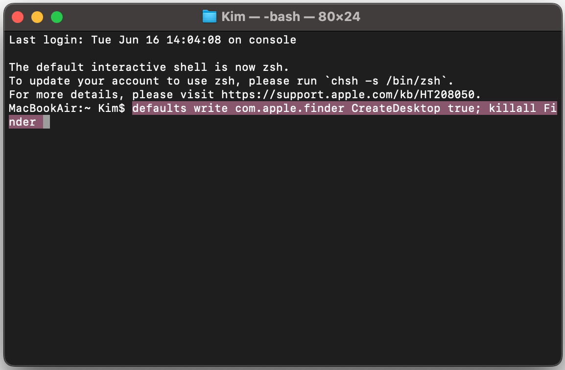 Per mostrare le icone del desktop del Mac, copia e incolla il comando defaults write com.apple.finder CreateDesktop true; killall Finder nella finestra del Terminale e premi Invio. Potrebbe esserti chiesto di inserire la password dell'amministratore.