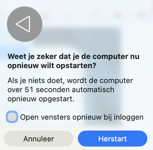 Nadat je Herstart in de menubalk hebt geselecteerd, moet je op de knop Herstart klikken om te bevestigen dat je je Mac opnieuw wilt opstarten.