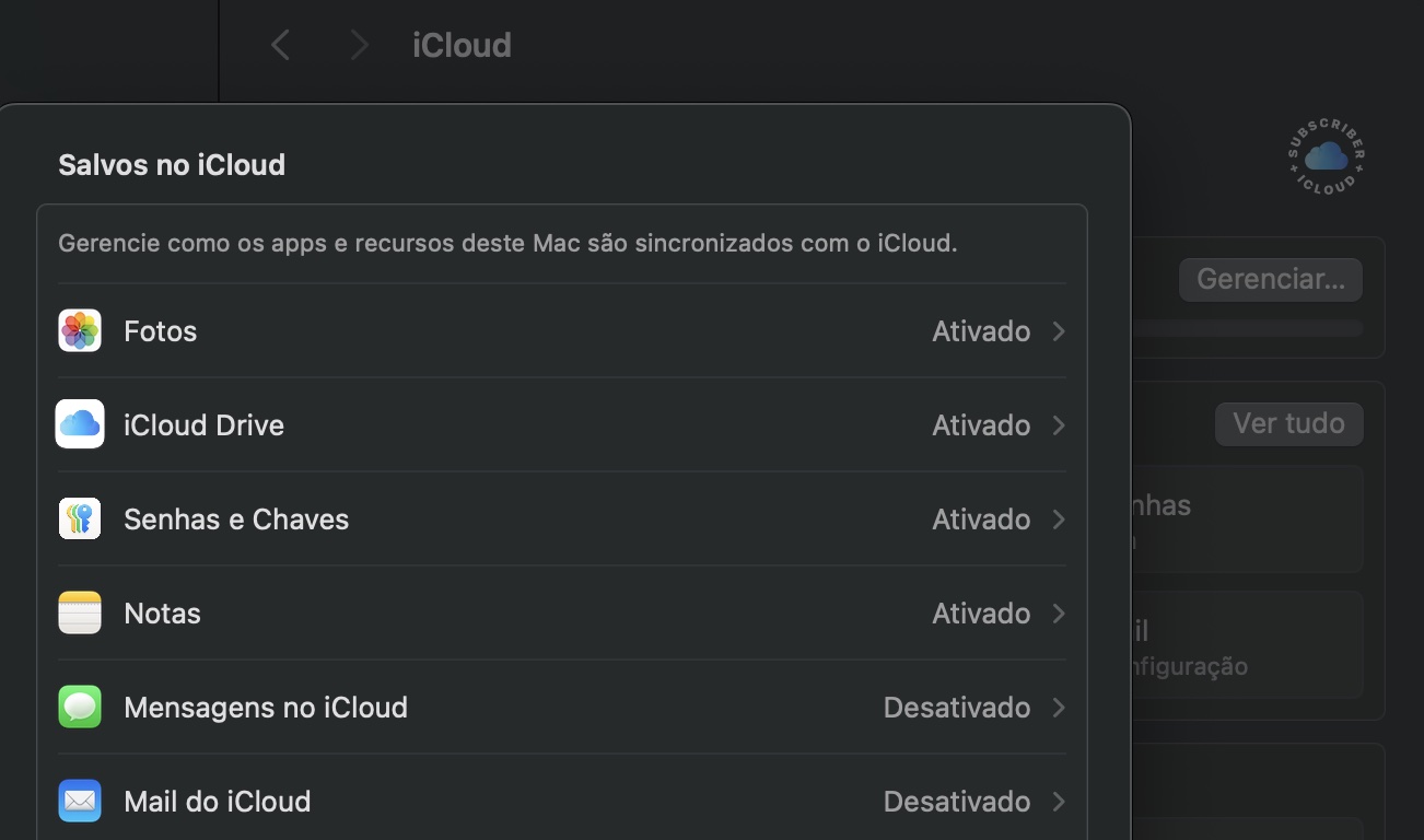 O menu do iCloud Drive nos Ajustes do Sistema do Mac mostra quais dados estão sendo feitos backup. Certifique-se de que seus arquivos estejam enviados para o iCloud Drive para liberar espaço quando o disco de inicialização do Mac estiver cheio.