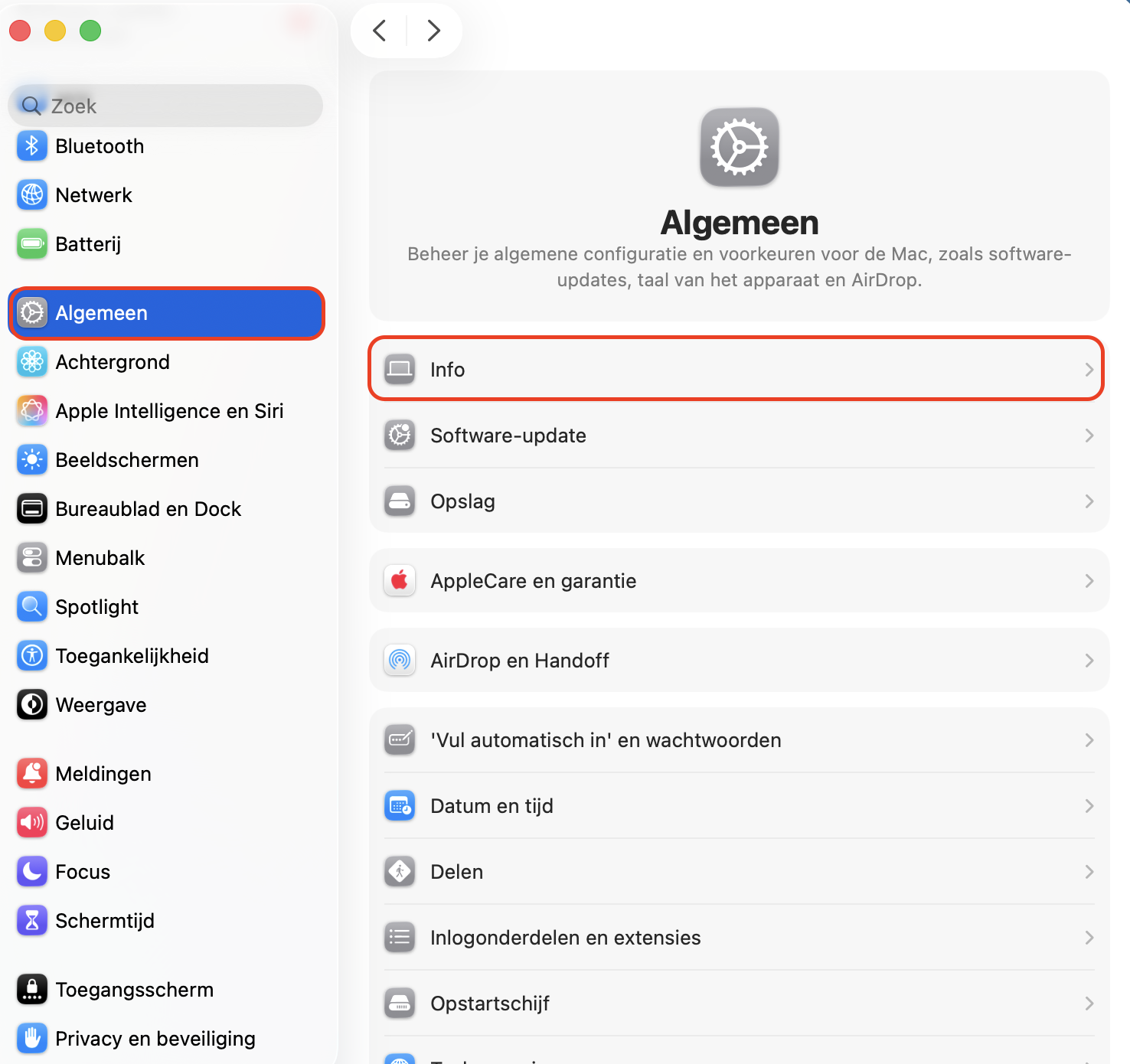 Systeeminstellingen op de Mac toont het menu Algemeen. Klik op info om meer informatie over je Mac te bekijken.