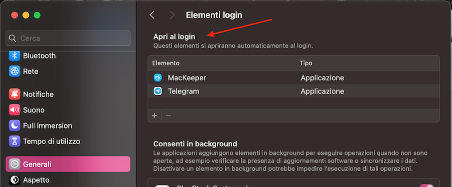 Il menu Elementi login nelle Impostazioni di sistema su Mac. Oltre a mostrare l’elenco delle app di avvio, questa schermata ti permette di rimuovere qualsiasi app che si avvia automaticamente su Mac.