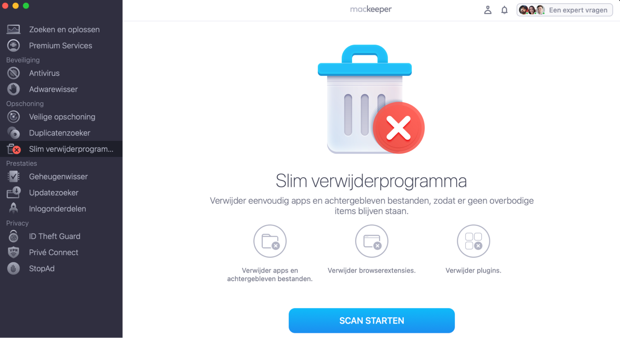 Om bestanden op je Mac in een paar klikken te vinden en te verwijderen, open je MacKeeper en selecteer je Slim Verwijderprogramma.