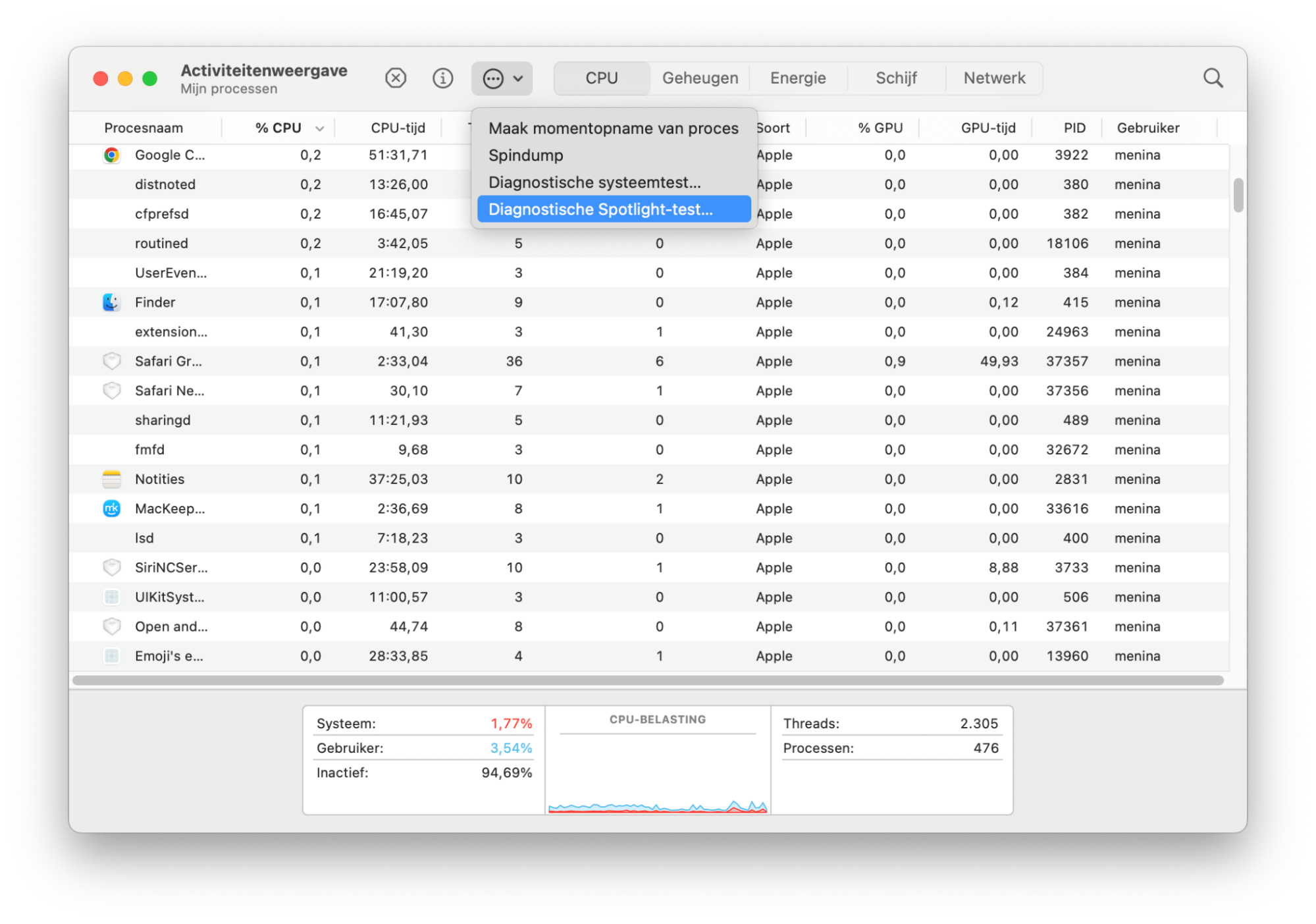 Open in het nieuwe menu van het Activiteitenweergave-venster de optie Spotlight-diagnose als voorbereidende stap.