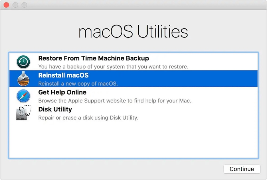 To finalize the factory reset process on your High Sierra Mac, click Reinstall macOS from the Recovery mode menu, then click Continue.