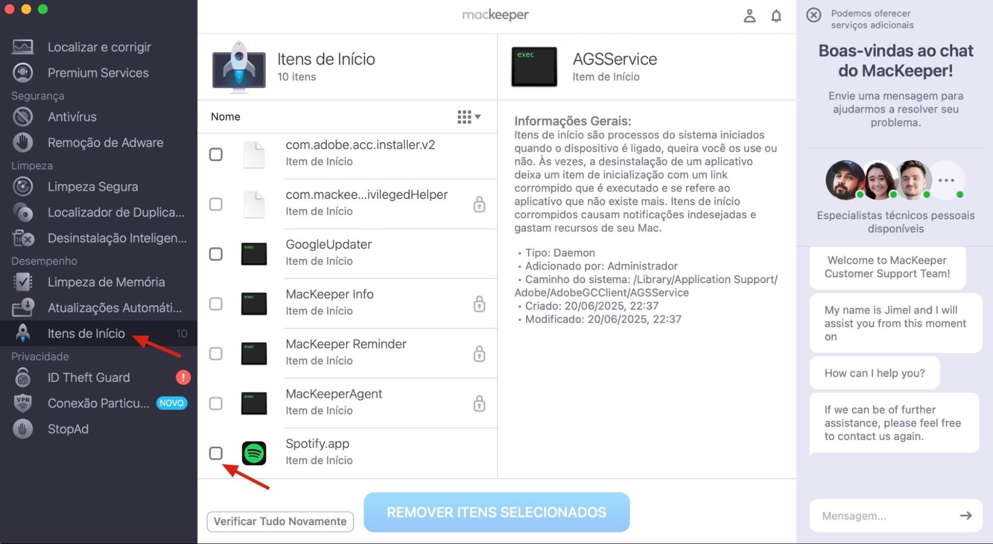 O MacKeeper no Mac exibe a ferramenta Itens de Início de Sessão. Selecione os aplicativos que você não quer que sejam executados na inicialização e clique em Remover Itens Selecionados.