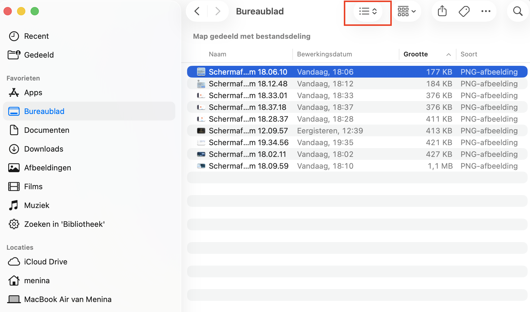 Voor je gemak kun je de inhoud van je bureaublad ook in lijstweergave tonen door op de lijstknop te klikken.
