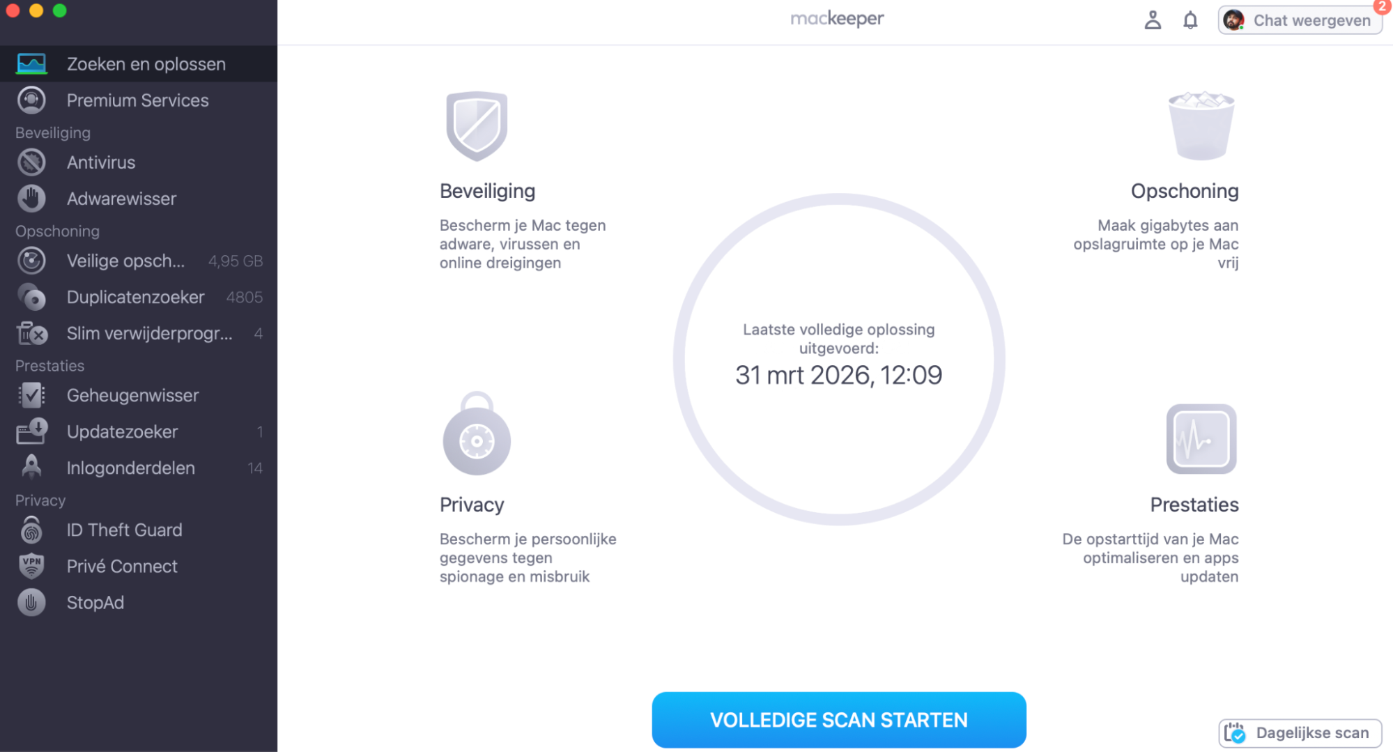 De MacKeeper app toont de geselecteerde functie Zoeken en oplossen, waarmee de gebruiker een volledige scan van zijn of haar Mac kan starten.