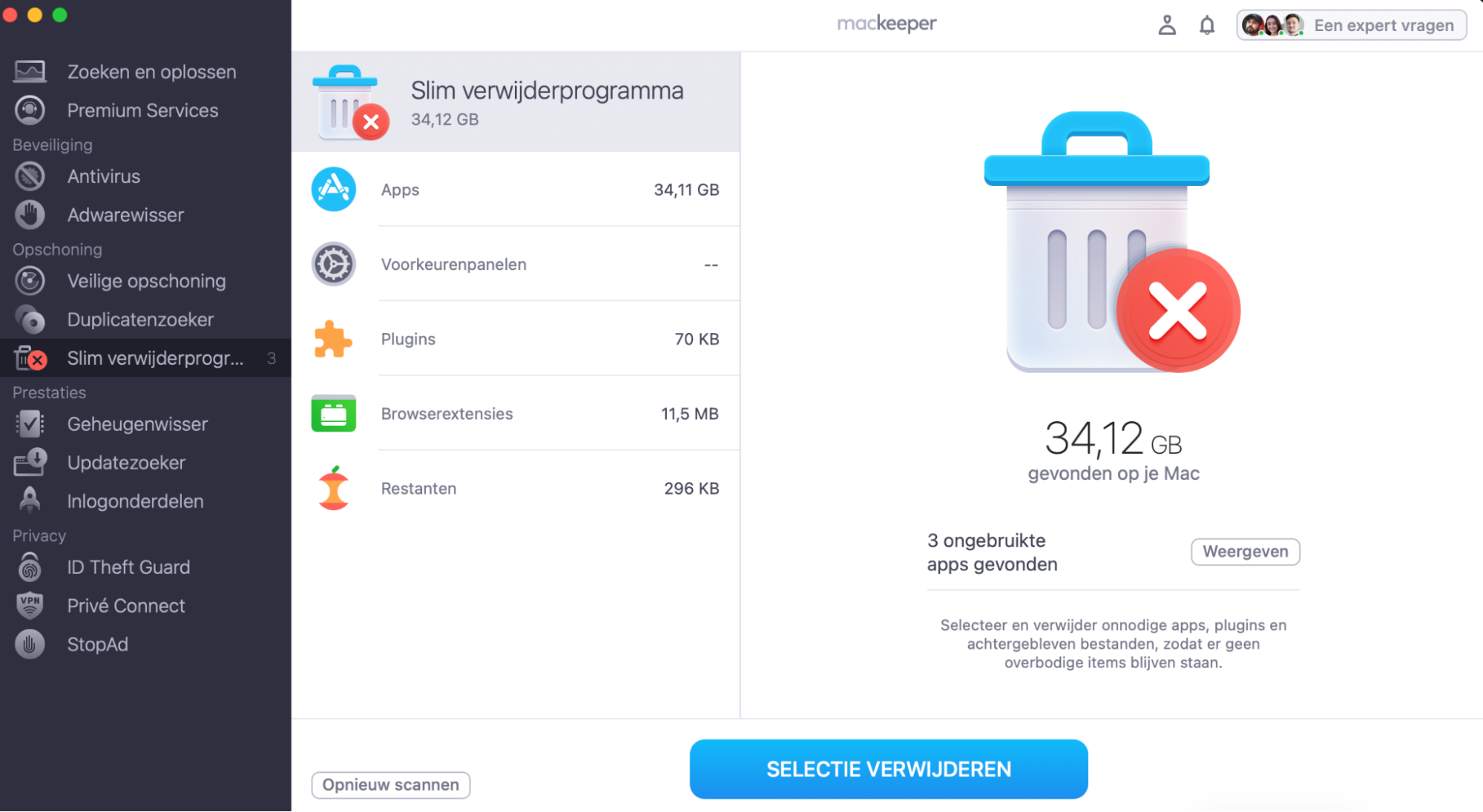 De app toont apps en bestanden die je kunt verwijderen. Klik op Selectie verwijderen om bestanden veilig van je Mac te verwijderen.