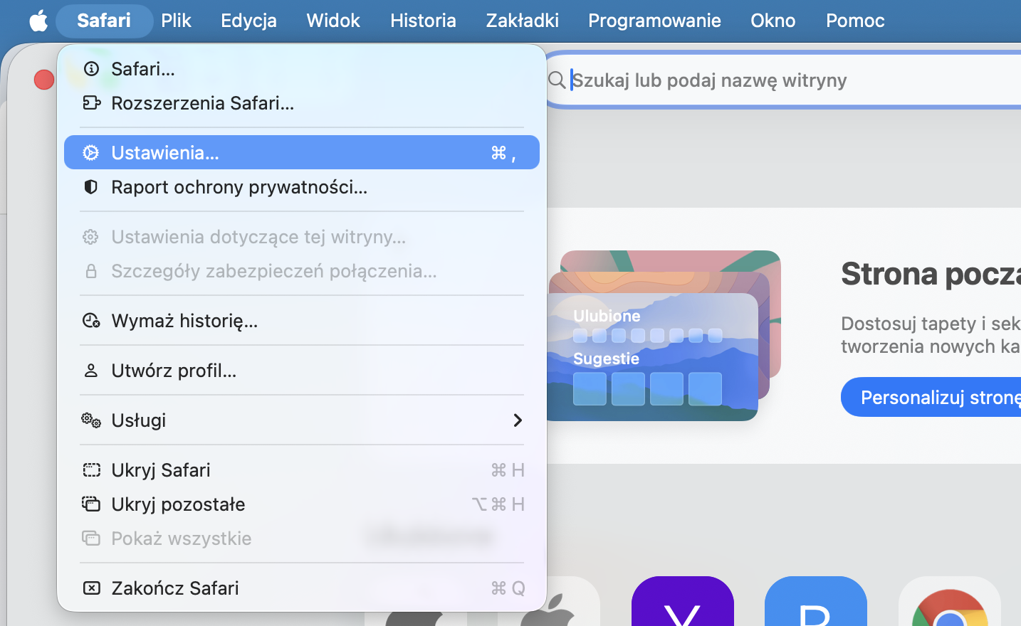 Menu Safari na Macu. Otwórz menu Ustawienia, aby usunąć stare dane przeglądania i zwolnić miejsce na Macu.